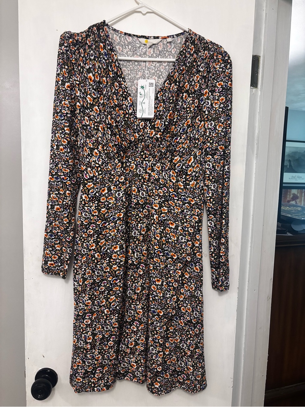 Boden Black Floral V-Neck Long-Sleeve Dress with Orange & Cream Accents